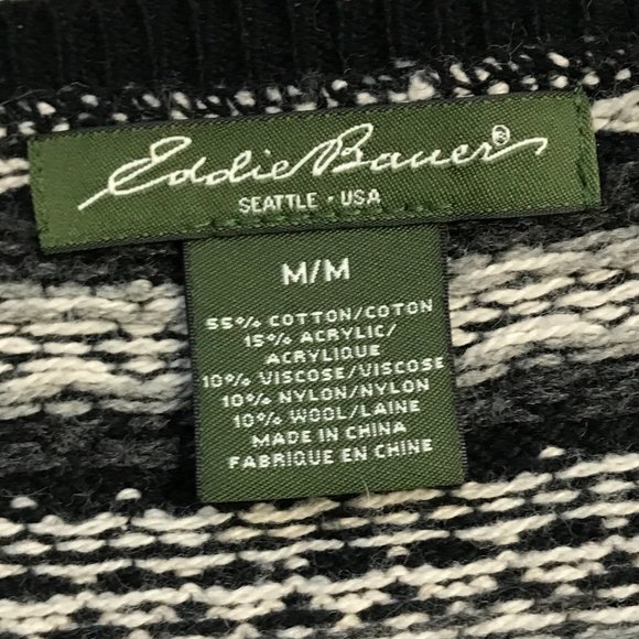 Eddie‎ Bauer Black White Fair Isle Nordic Button Cardigan Cotton Blend Women’s M - Picture 6 of 8